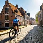 A solo cyclist, wearing a helmet and cycling gear, confidently navigates a historic cobblestone road in the Flemish countryside of Belgium. In the background, a picturesque canal winds alongside charming, ancient buildings, bathed in warm sunlight. The scene captures the blend of challenging terrain and scenic beauty characteristic of Belgian cycling routes.