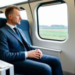 The Pulse of the Railway**
A professional commuter in a modest business suit, sitting comfortably inside a modern, high-speed Belgian train carriage. The train interior is sleek and well-lit, with a scenic, blurred view of the Belgian countryside visible through the large window, conveying speed and efficiency. The subject is fully clothed, appropriate attire, safe for work, appropriate content, family-friendly, perfect anatomy, correct proportions, natural pose, well-formed hands, proper finger count, natural body proportions, high-quality, professional photography, ultra-detailed.

**